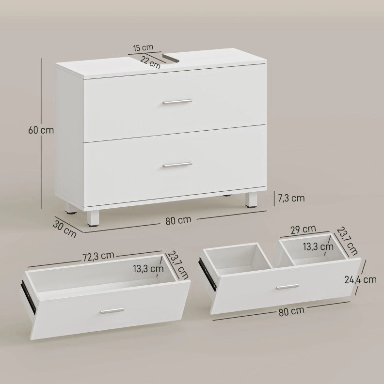 Mobile sottolavabo 80x30x60 cm in legno bianco, 2 cassetti