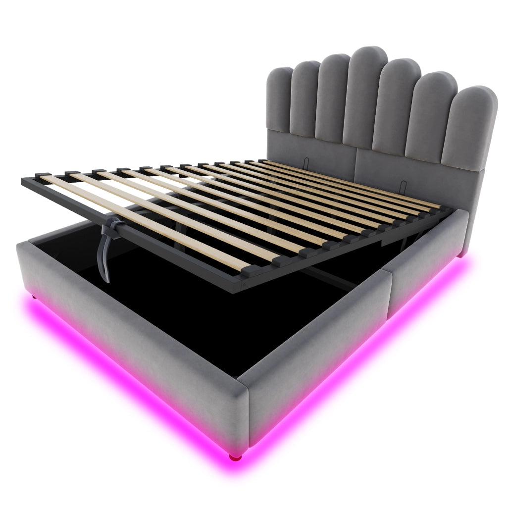 Letto contenitore 140x200 cm in velluto grigio con testiera imbottita; LED e rete a doghe