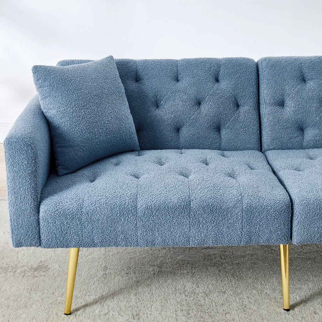 Divano letto 2 posti in tessuto teddy blu con schienale regolabile e 2 cuscini