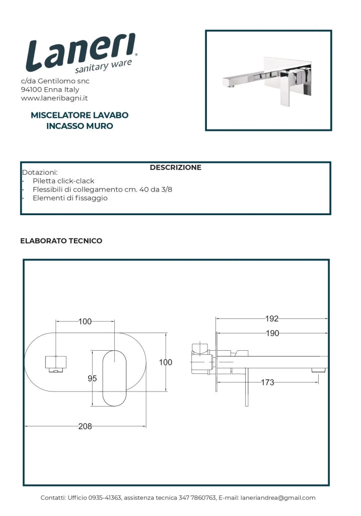 Set Rubinetteria Per Bagno da design squadrata moderna con piletta click clack inclusa -  LAVABO INCASSO MURO MISCELATORE