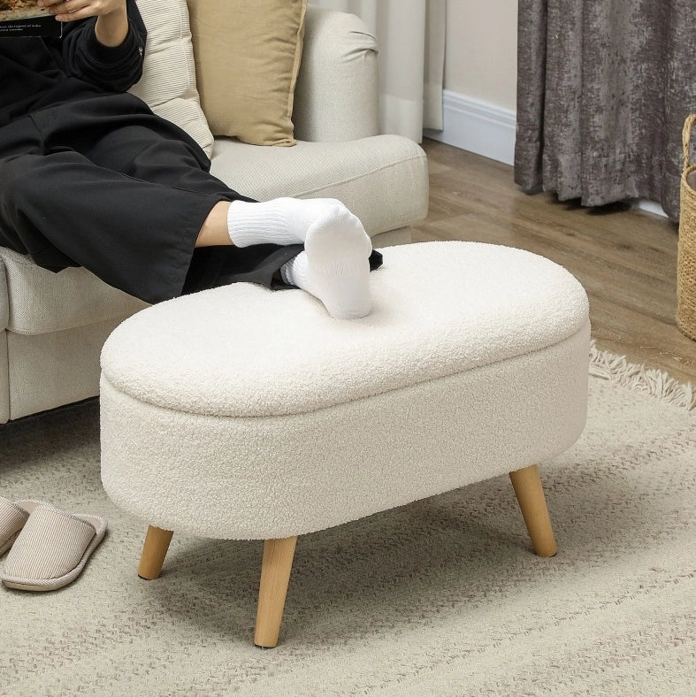 Panca con contenitore e coperchio in legno e tessuto bianco, 82x41x45 cm, per ingresso, soggiorno e camera da letto