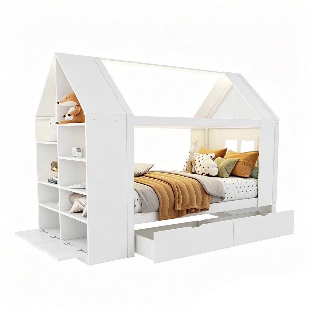 Letto per bambini 90x200 ¨C Minimal ¨C Bianco con cassetti LED struttura in legno di pino