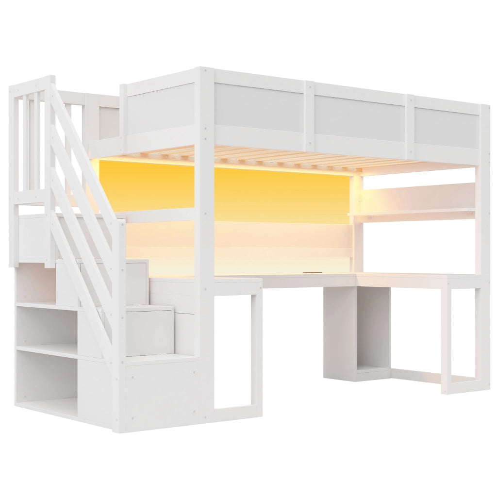 Letto a soppalco 90x200 cm con scrivania integrata e luci LED; bianco