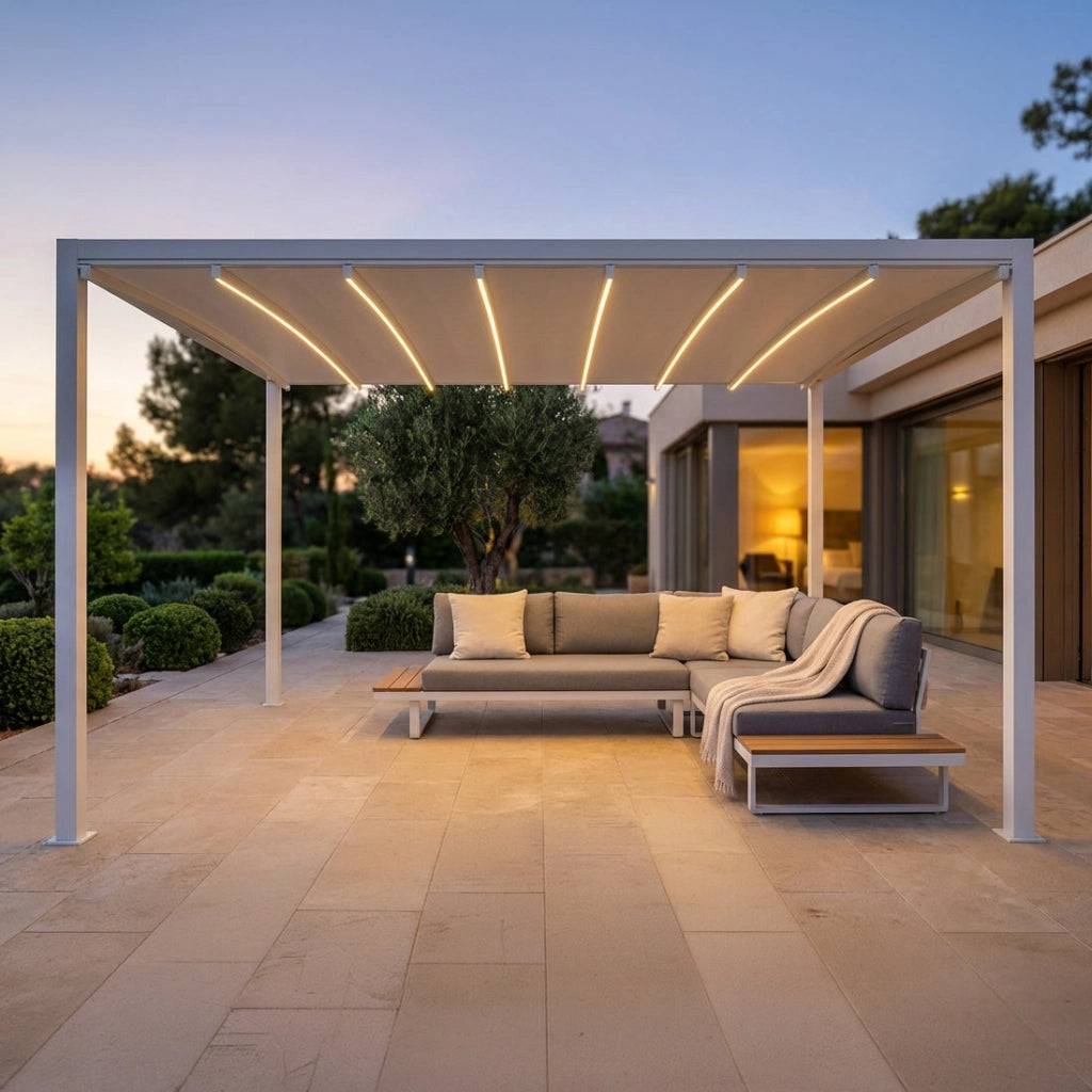 Pergola Bioclimatica in alluminio con tetto retrattile e LED - HERA