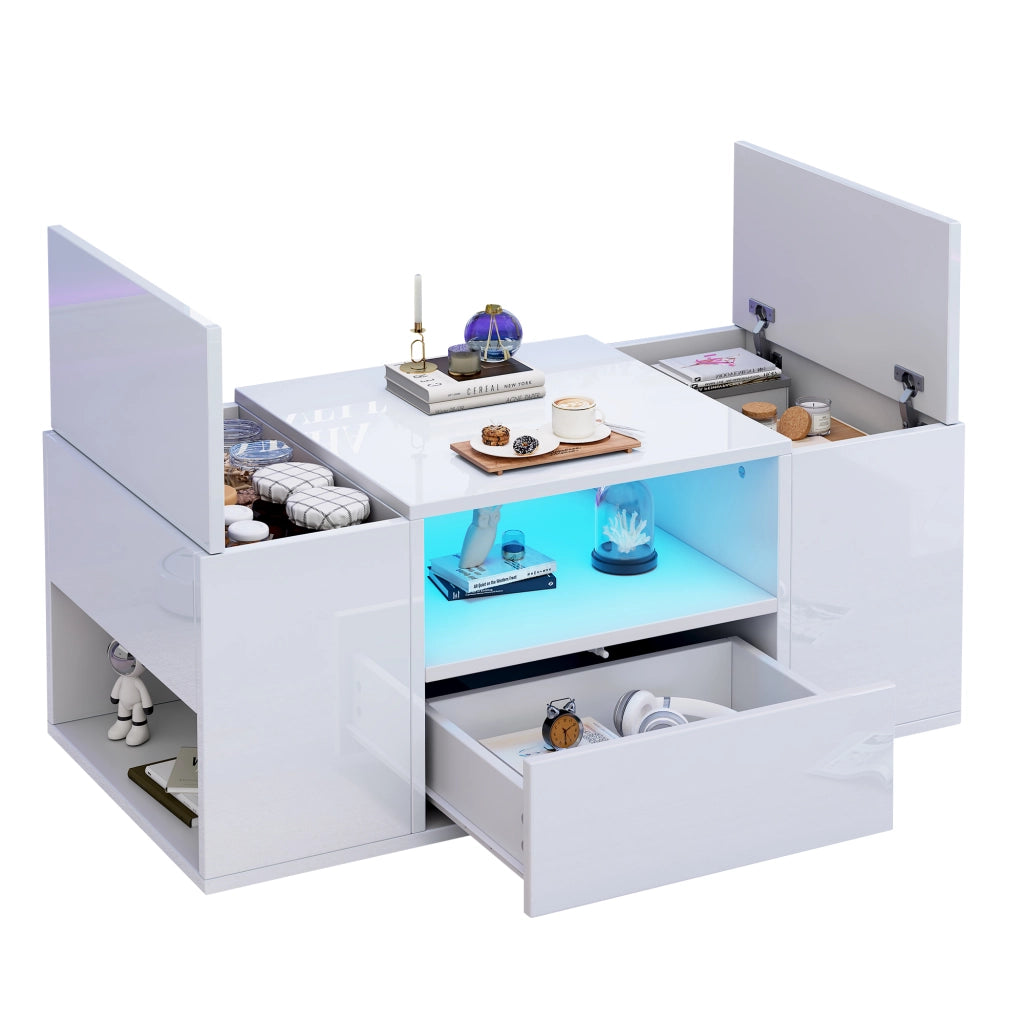 Tavolino da salotto LED con 1 cassetto, 2 ante e 6 vani, finitura bianca lucida per soggiorno, 100 × 50 × 40 cm