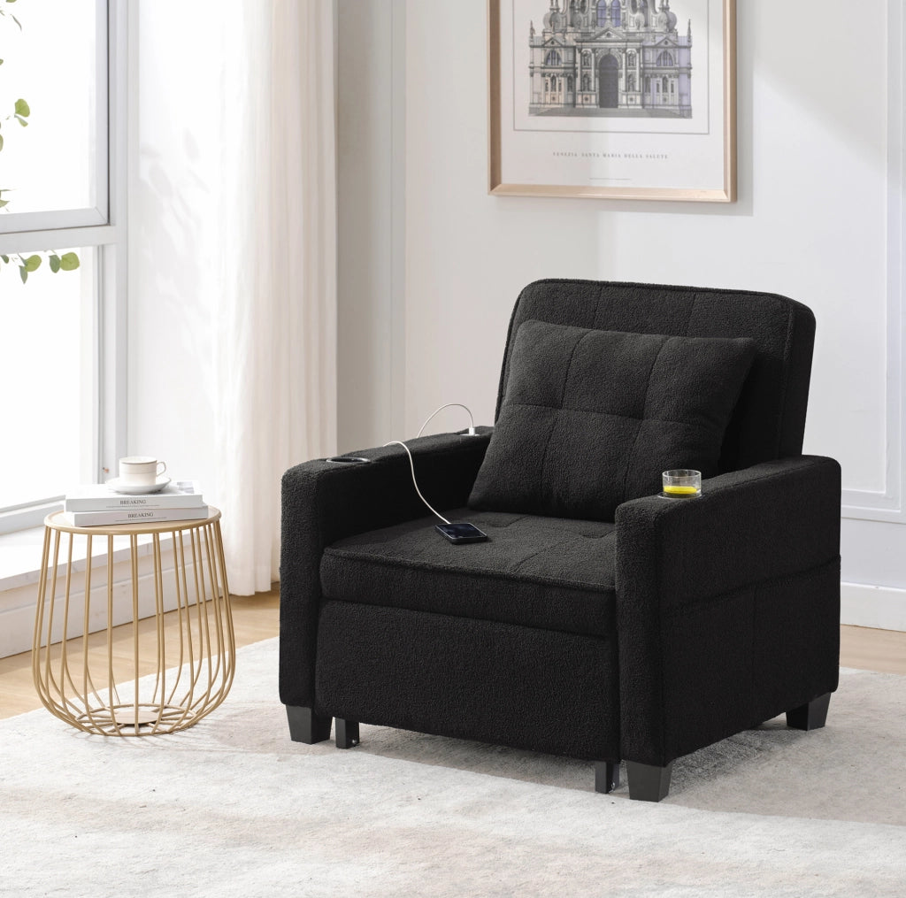 Divano Letto Singolo 3-in-1 con Porta Bicchieri e USB, Poltrona Reclinabile e Letto Estraibile, Ideale per Spazi Ridotti