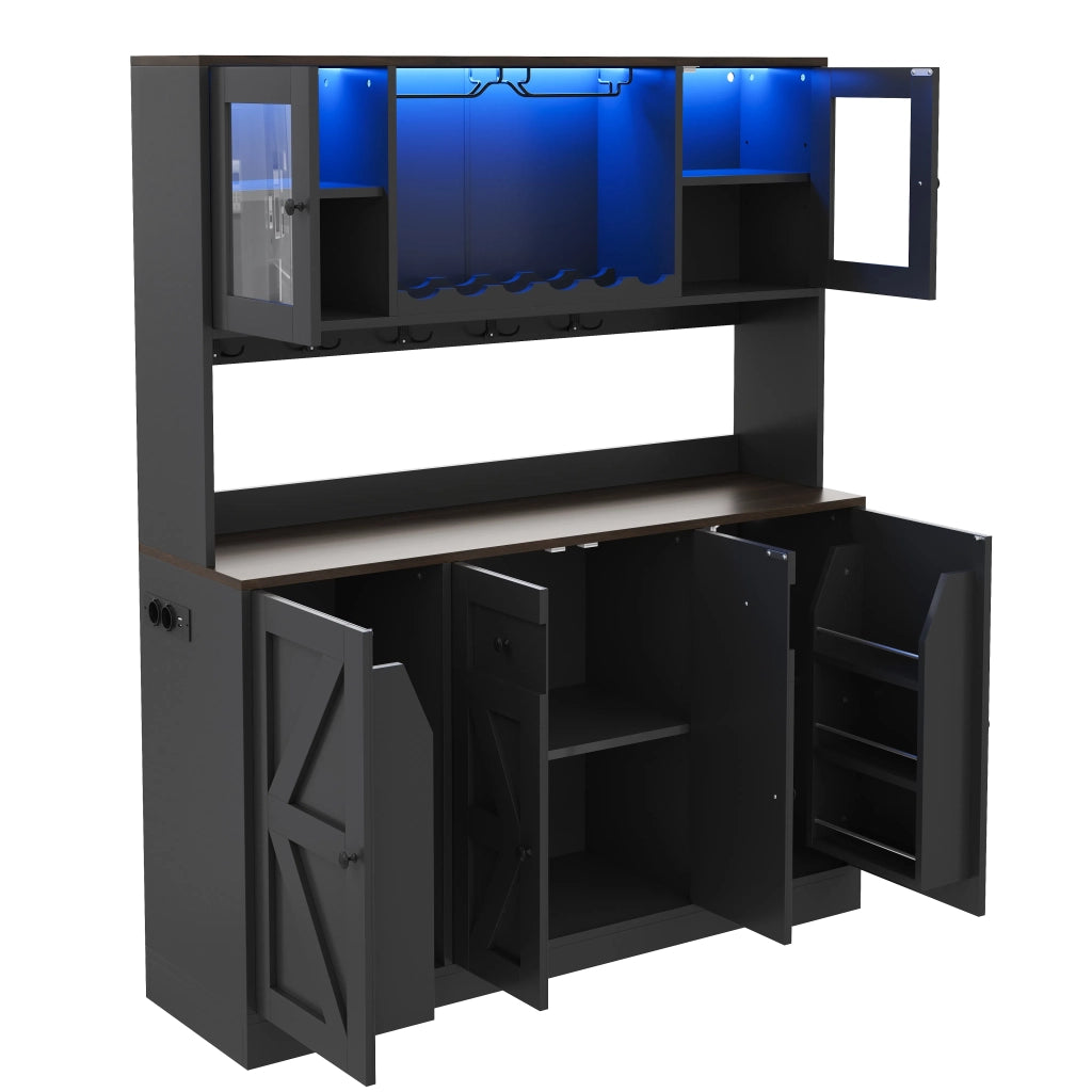 Armadio da cucina alto 140x40x173 cm con ante in vetro acrilico, illuminazione LED e prese elettriche. Dispensa con portabottiglie e calici per soggiorno e sala da pranzo