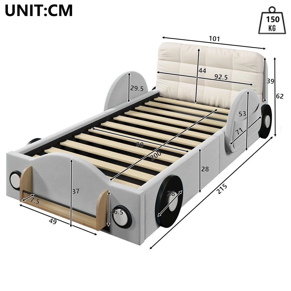 Letto imbottito contenitore 90x200 ¨C Minimal ¨C Velluto grigio idraulico con tasche laterali e vano libri