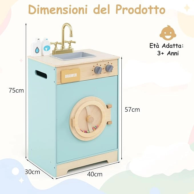 Set di Gioco Lavatrice per Bambini, Giocattolo Lavatrice con Detersivo e Igienizzante per le Mani, Set in Legno con Lavabo, Cassetto e Ruota Rotante, Regalo per Bambini dai 3+ Anni