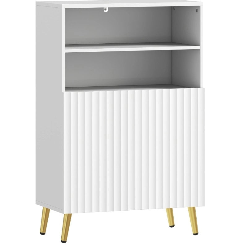 Mobile da bagno in MDF bianco con ante soft-close, ripiani aperti e gambe dorate