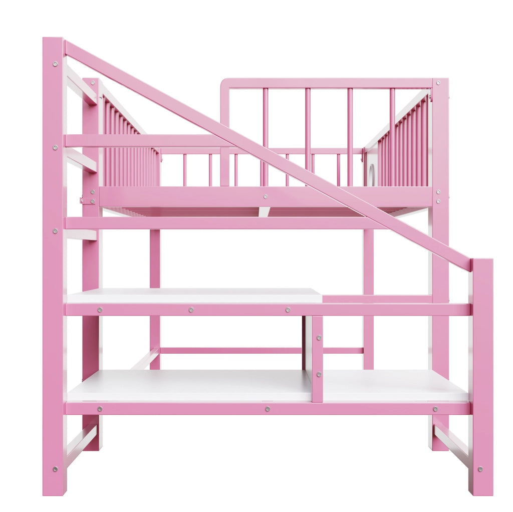 Letto a soppalco basso per bambini 90x200 cm con struttura in metallo rosa e scaletta con contenitore