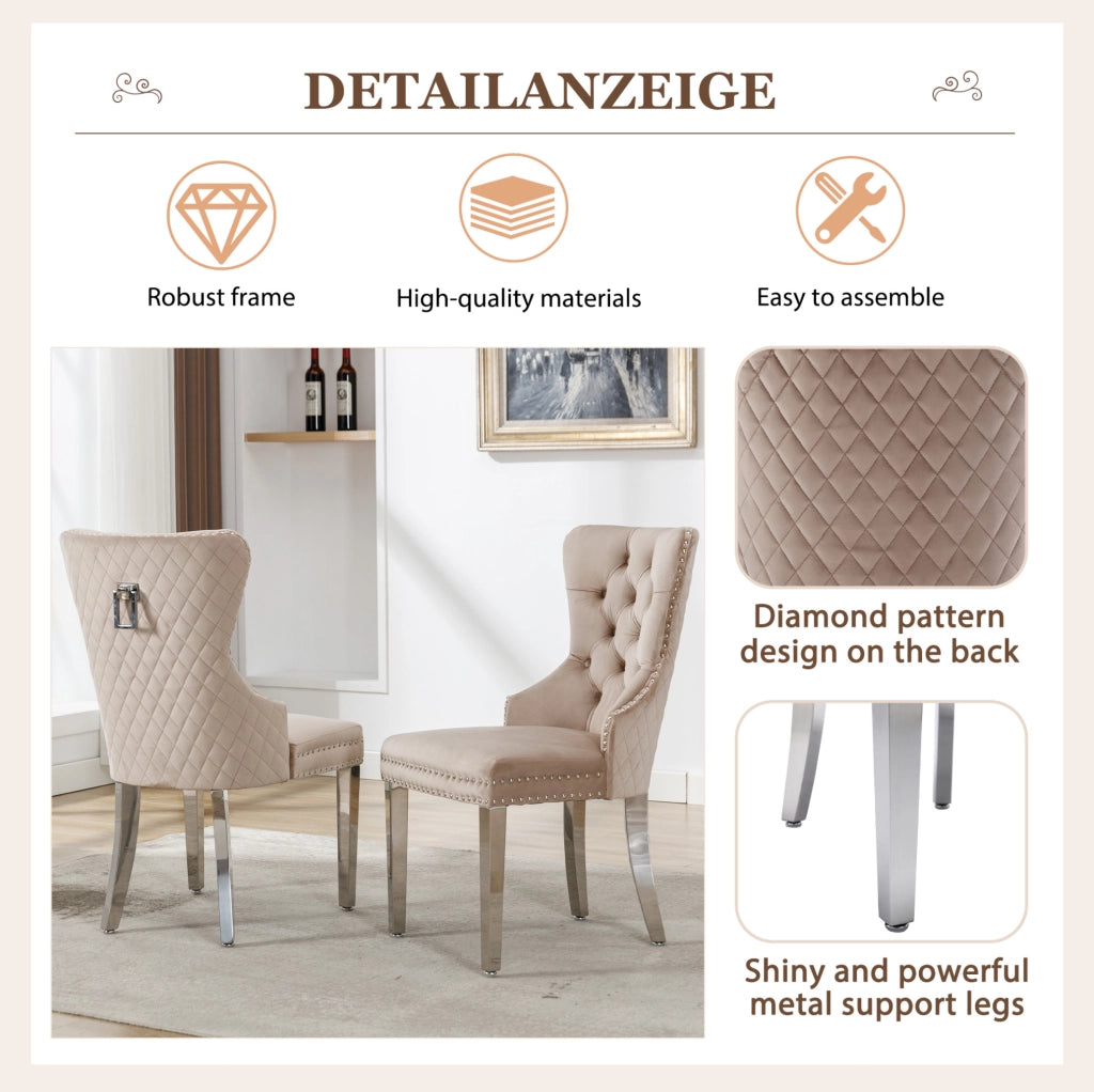 Sedia da pranzo imbottita in velluto beige con schienale decorato e gambe in metallo, set da 2