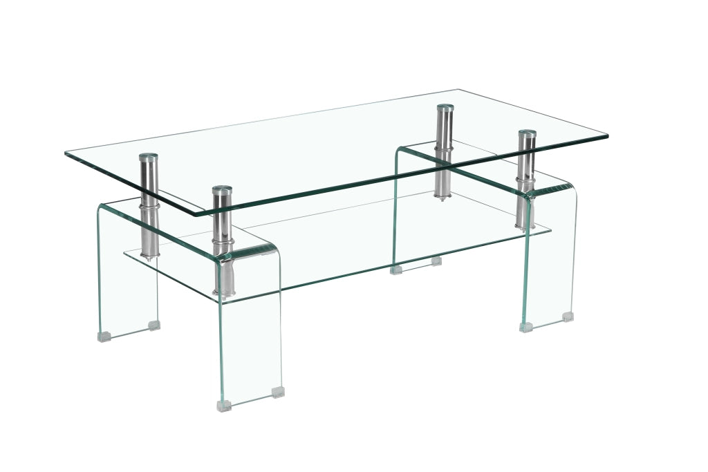 Tavolino da caffè a due ripiani 100 × 55 × 45 cm in vetro temperato trasparente e metallo