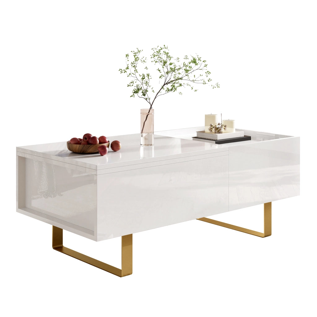 Tavolino da salotto regolabile con vano e cassetto in MDF bianco lucido