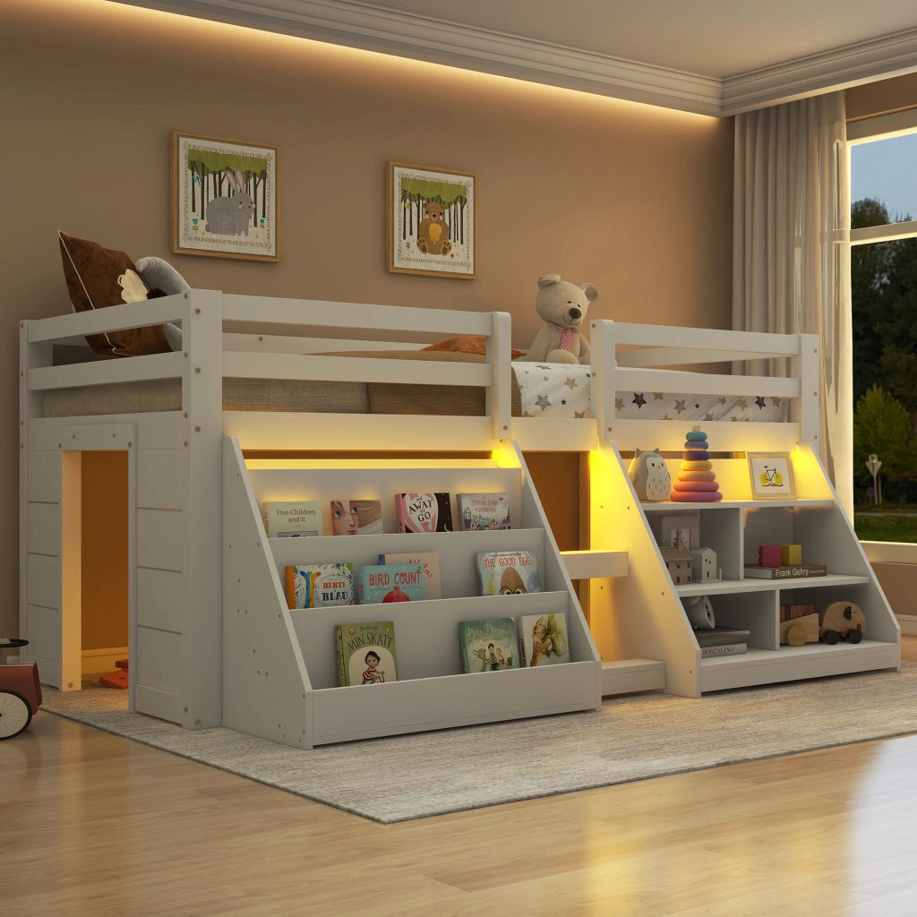 Letto a soppalco 90 ¡Á 200 cm con 4 cassetti scala con ripiani e illuminazione LED bianco