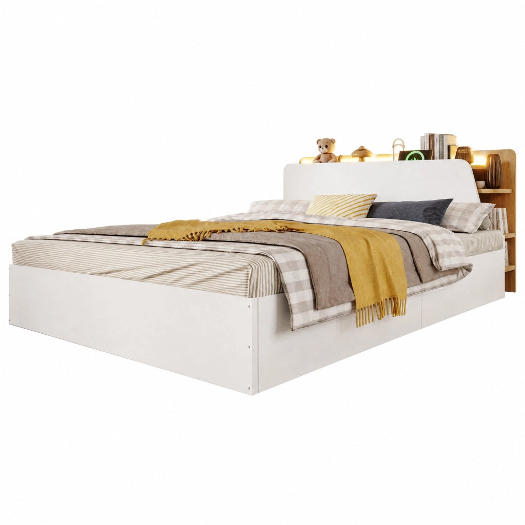 Letto 140x200 cm con contenitore idraulico, LED, USB e USB-C bianco naturale