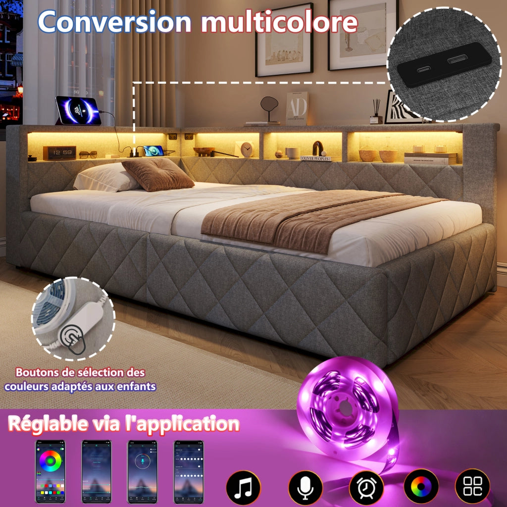Letto da Giorno 90x200 cm in lino e MDF con Contenitore Idraulico; LED; USB-C Grigio