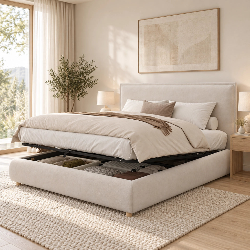 Letto matrimoniale 160 × 200 cm con contenitore idraulico e testiera imbottita, senza materasso, in velluto crema