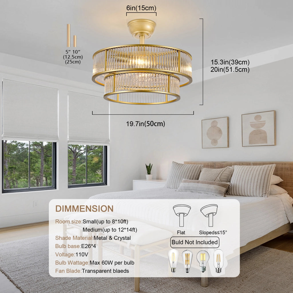 Ventilatore da soffitto con illuminazione 4 attacchi E26. 6 velocità; app Bluetooth e telecomando oro