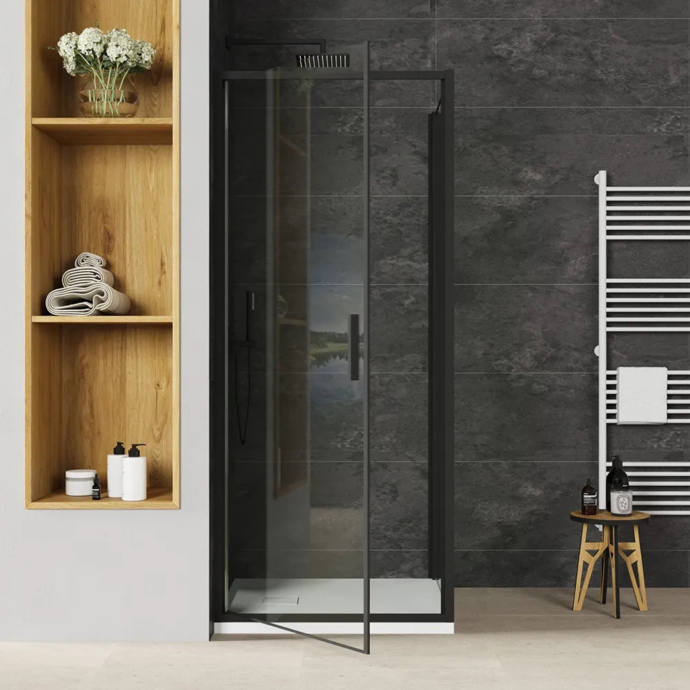 Box doccia slim 80x100cm con apertura a battente e parete fissa profili nero opaco e vetro 6mm trasparente h190| Portofino