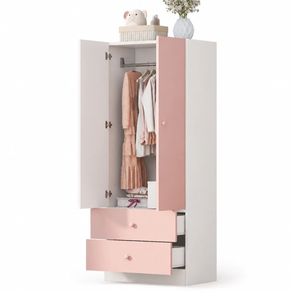 Armadio guardaroba rosa e bianco 70 x 40 x 170 cm, bicolore con due cassetti e ante, compensato e MDF
