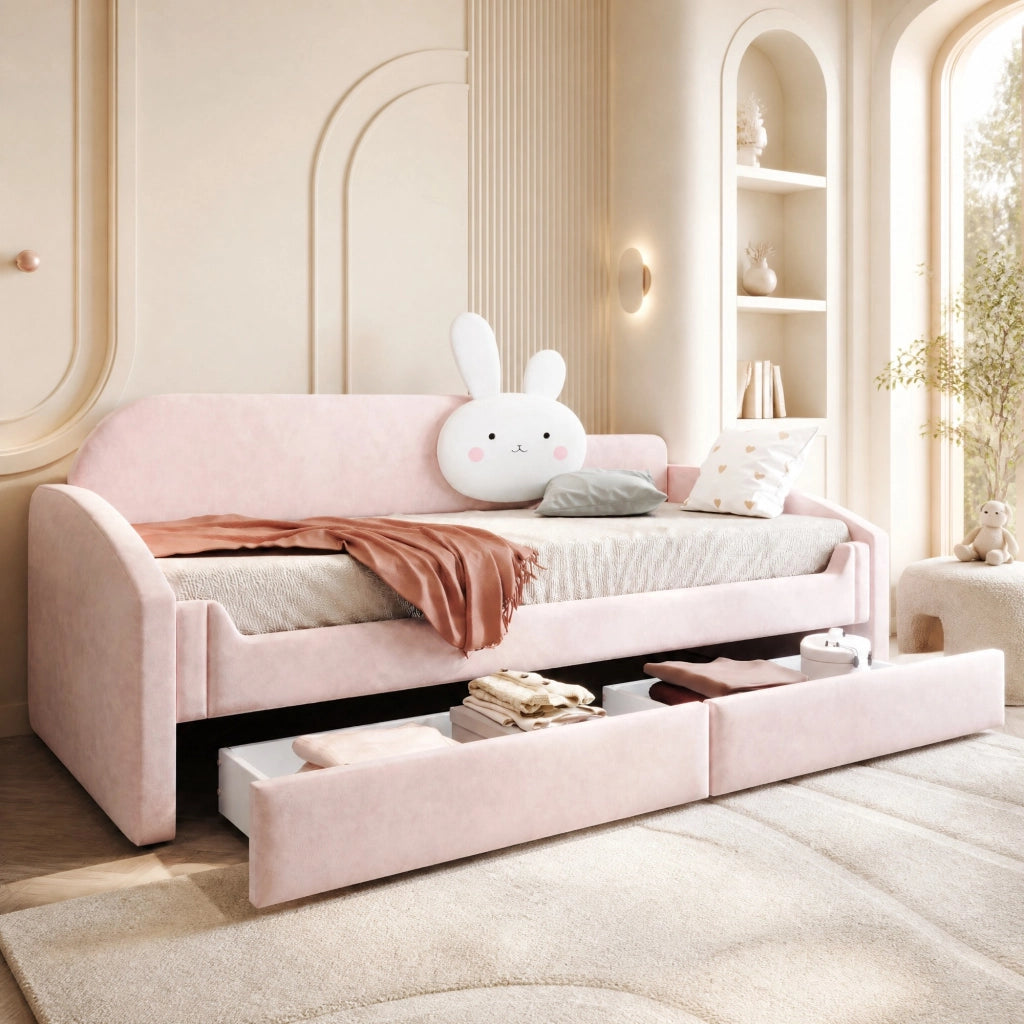 Letto per bambini imbottito 90x200 cm con LED; 2 cassetti; sponde rialzate e velluto rosa