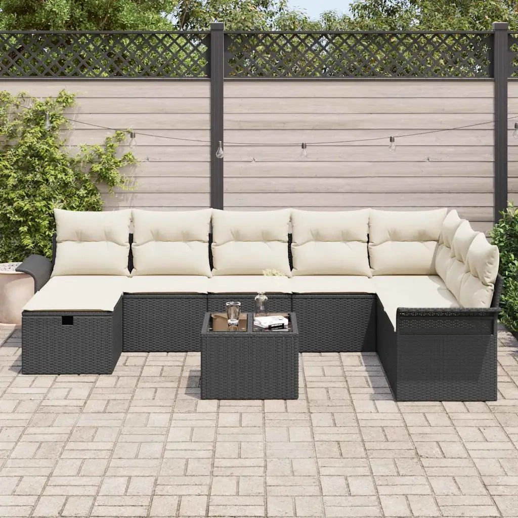 Set Divano da Giardino 9 pcs Nero e Crema polyrattan