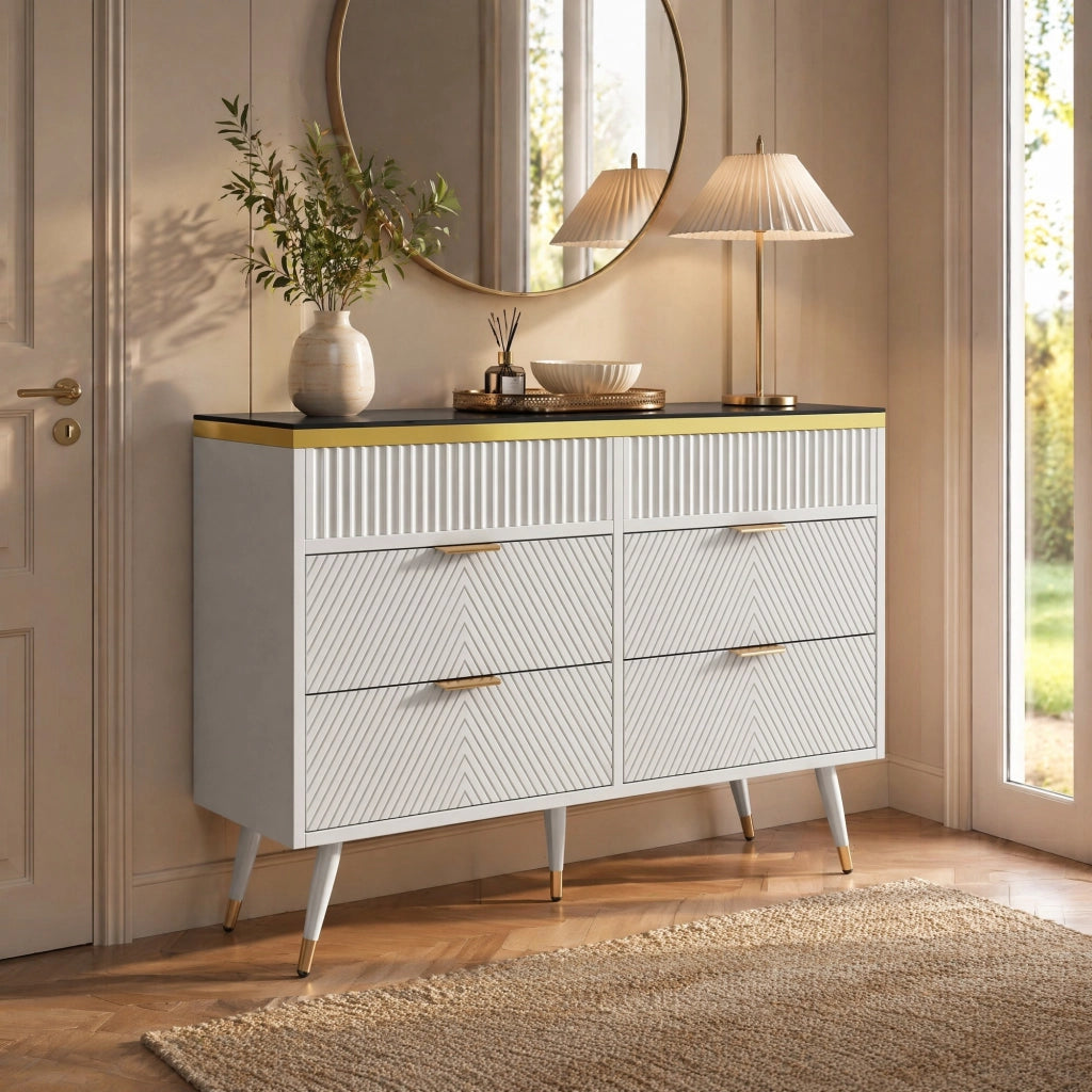 Cassettiera bianca 120 cm con 6 cassetti e vetro marrone