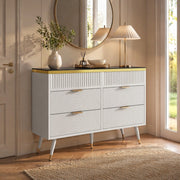 Cassettiera bianca 120 cm con 6 cassetti e vetro marrone