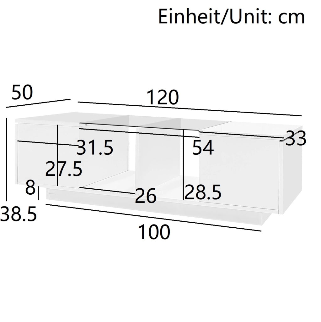 Tavolino da caffè moderno bianco 120 x 50 x 38;5 cm con LED e piano in vetro