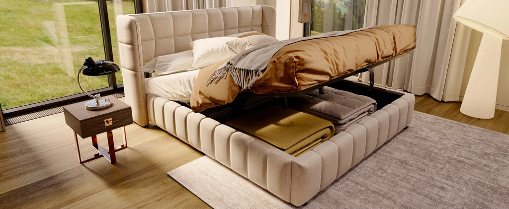 Letto imbottito 180x200 cm con rete a doghe, struttura in metallo e sistema contenitore pneumatico beige