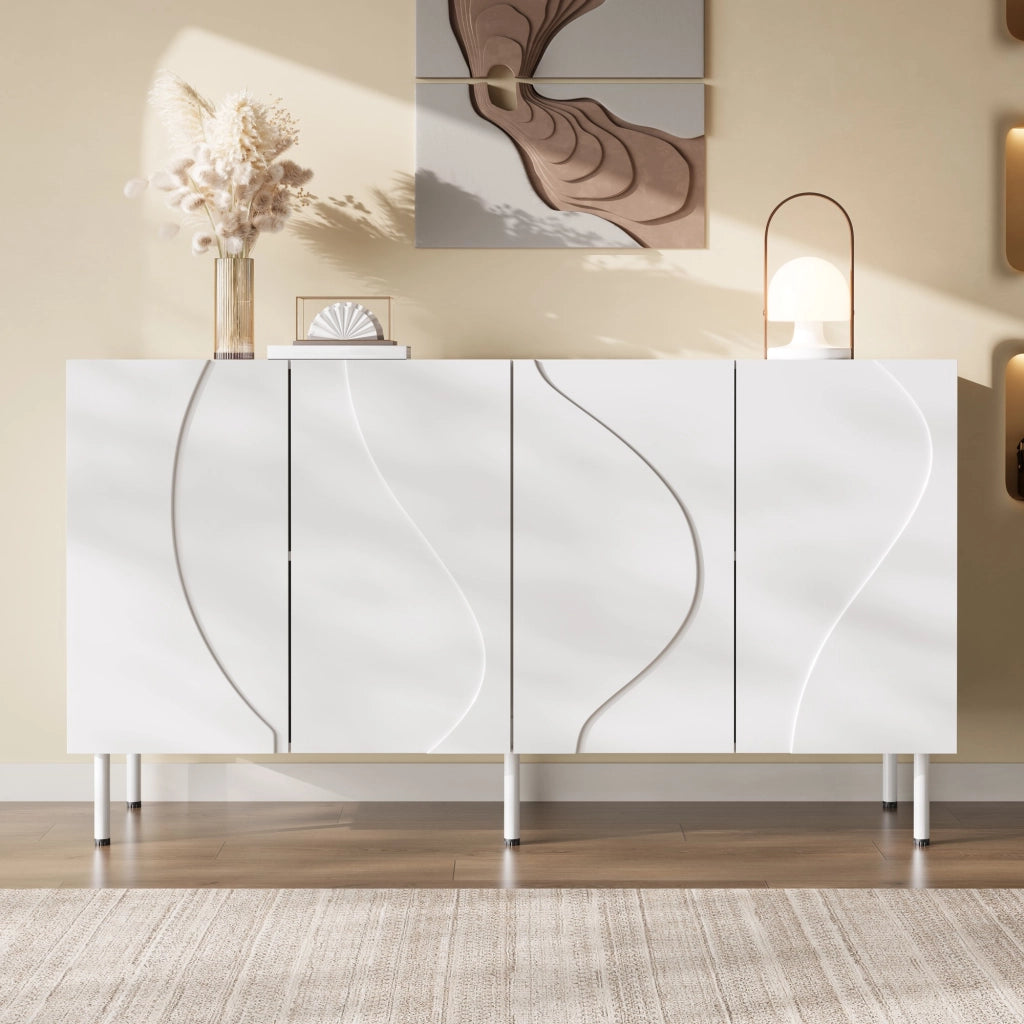 Credenza bianca con ante curve 3D 140 cm senza maniglie MDF e pannello truciolare