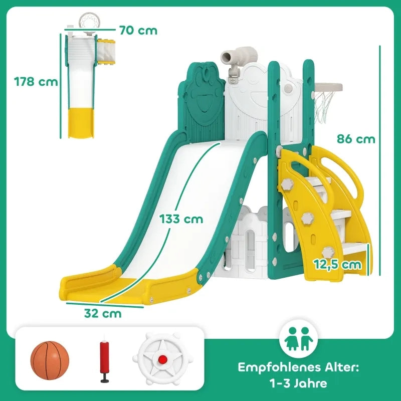 Set scivolo per bambini 5-in-1 con canestro da basket, struttura telescopica in plastica, giallo e verde