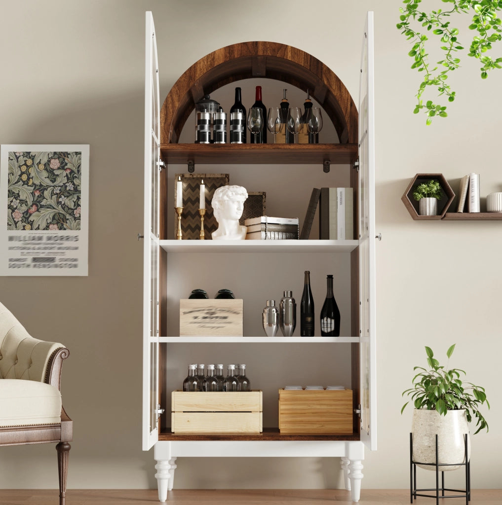 Vetrina ad arco 165 cm con ante doppie in vetro scanalato, 3 ripiani, MDF e metallo, finiture noce e bianco
