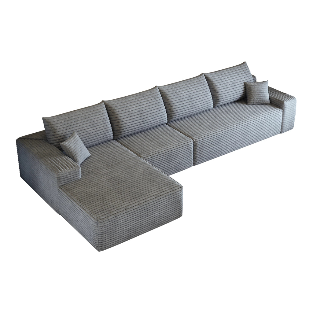 Divano angolare modulare con chaise longue e seduta profonda, pronto all'uso in tessuto a coste grigio