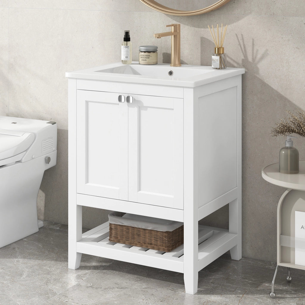 Mobile Bagno a Terra 60 cm con Lavabo in Ceramica Bianco e Ante