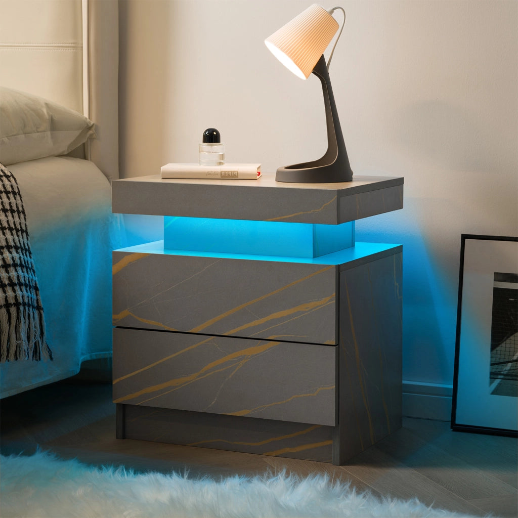 Comodino LED con 2 cassetti e vano aperto, illuminazione multicolore regolabile, per camera da letto, grigio e oro