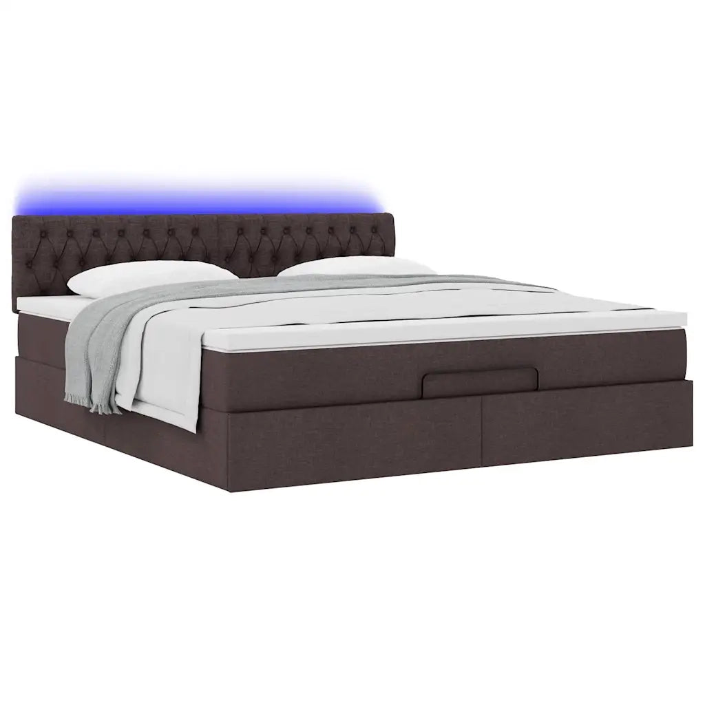 Pouf Letto con Materasso e LED Marrone Scuro 180x200cm Tessuto