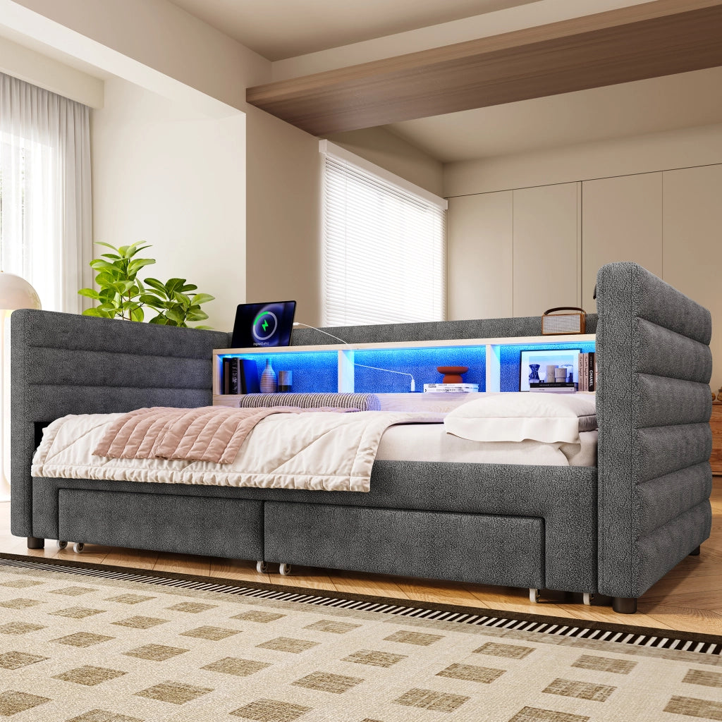 Letto divano singolo 90 × 190 cm estraibile; 2 cassetti; LED; USB e Type-C; senza materasso; in velluto grigio