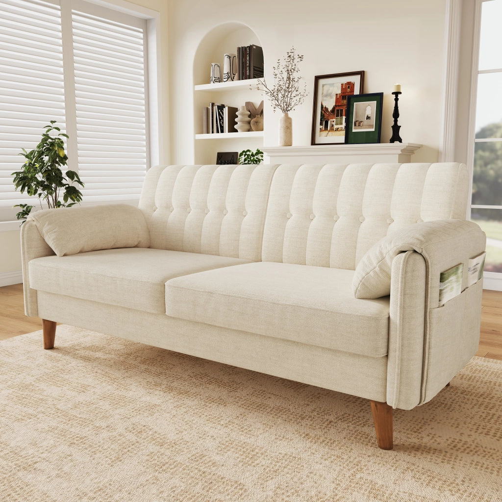 Divano 2 posti 161,5x79x83,5 cm in ciniglia beige con tasche laterali