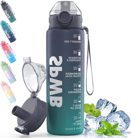 Bottiglia da 1 Litro - Senza Alcol - BPA Libero - Con Filtro e Marcatura del Tempo - Adatto per Bevande Gassate - Per Ciclismo, Fitness, Escursioni, Campeggio e Scuola