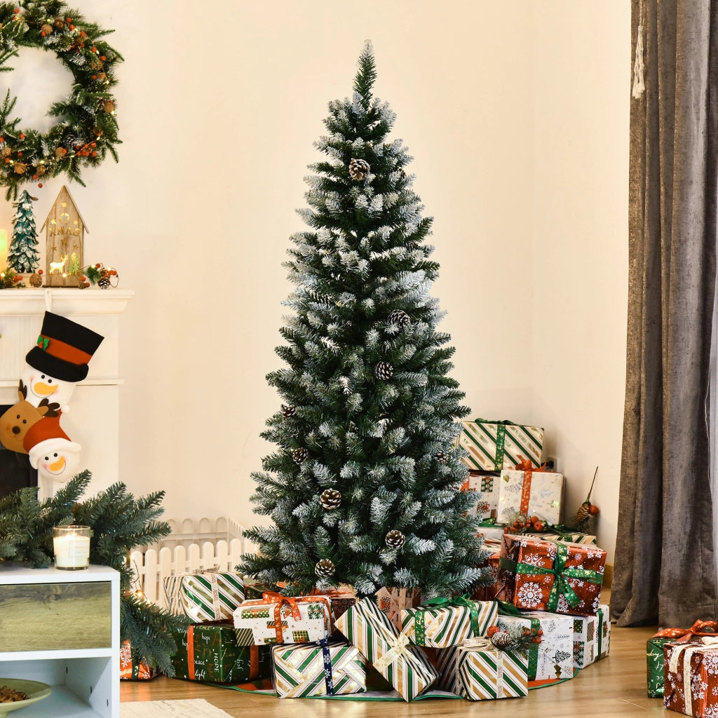 Albero di Natale Innevato 150 cm in Plastica e Metallo Verde e Bianco con 464 Rami e 28 Pigne Facile da Montare Robusto per Casa
