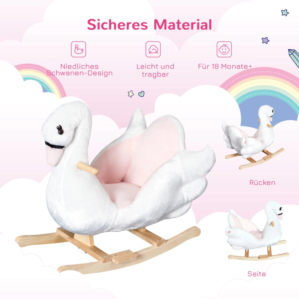Animale a Dondolo per Bambini a Forma di Cigno 55 cm Peluche e Legno con Cintura di Sicurezza e Musica per Casa