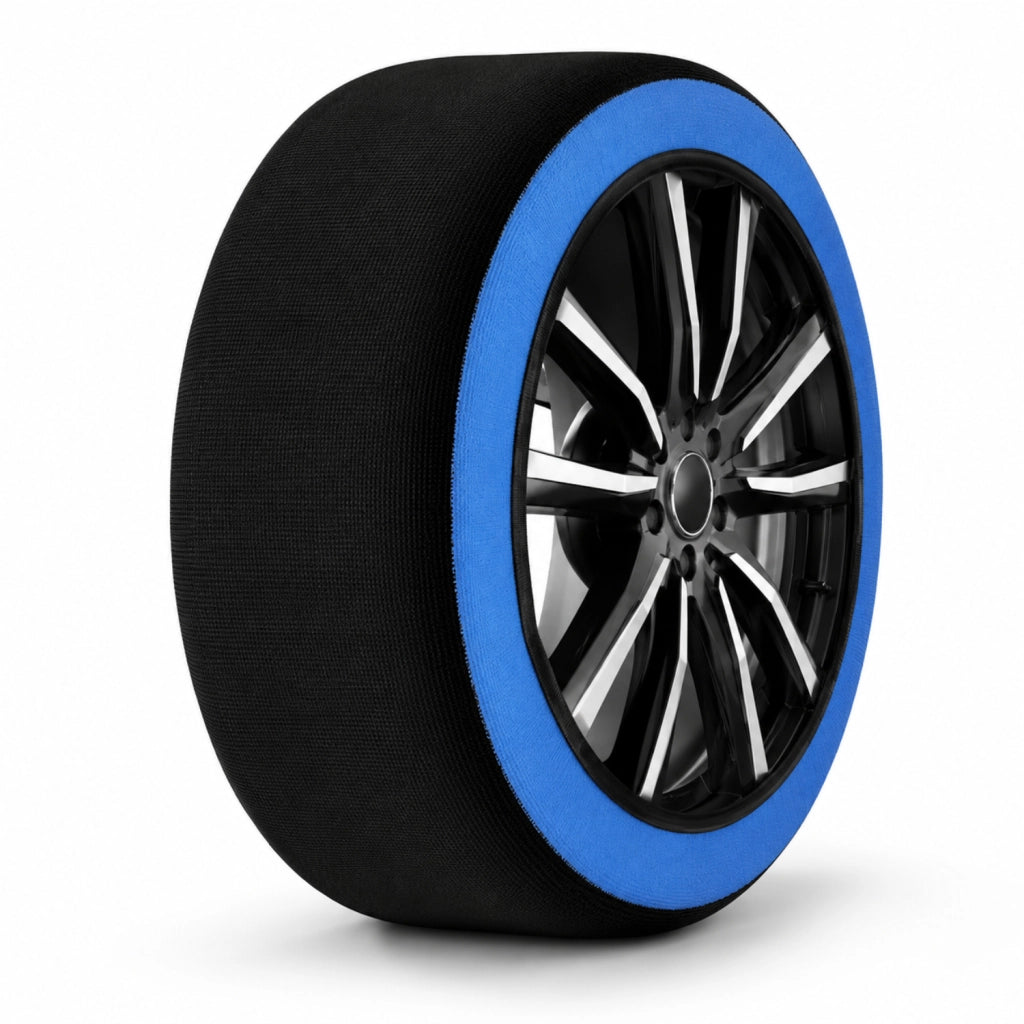 Calze da Neve Omologate EN 16662-1 per Auto SUV e Furgoni Coppia Catene Tessili Antisdrucciolo Pneumatici R13-R24 Montaggio Facile con Guanti e Borsa Colore Blu Misura: S