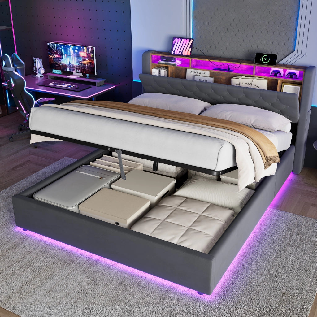 Letto contenitore matrimoniale 160x200cm;LED;vano contenitore;presa elettrica;testiera reclinabile;base imbottita;grigio scuro;materasso escluso