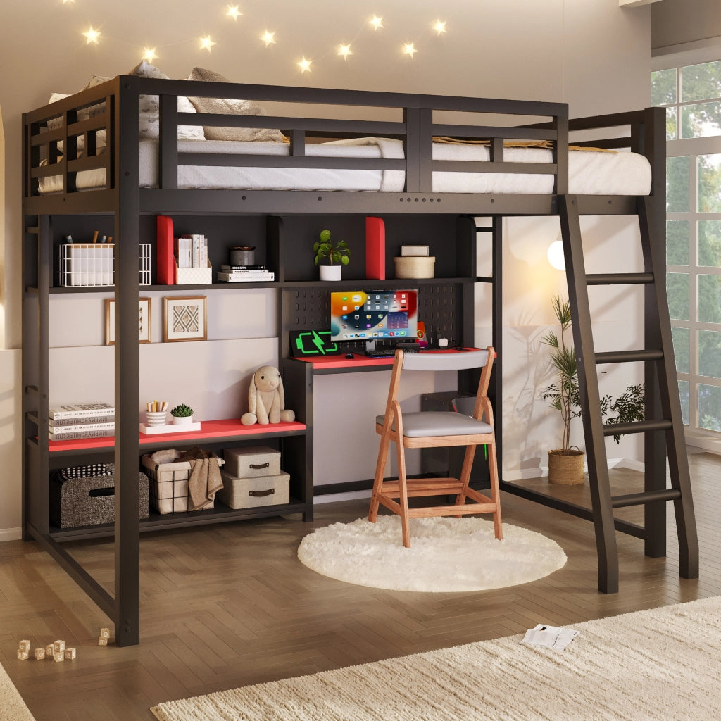 Letto a soppalco 140x200 in metallo con scrivania e LED RGB; nero