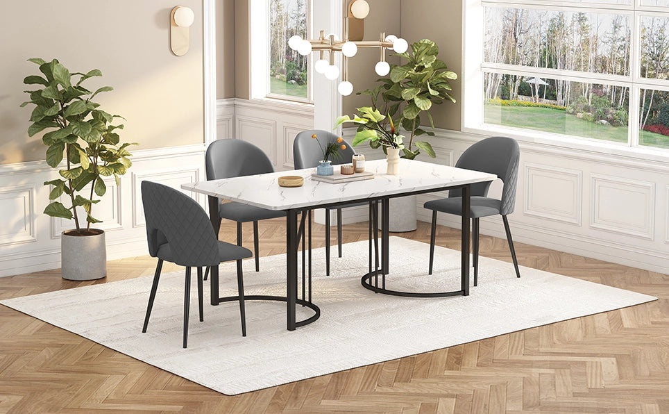 Set tavolo da pranzo 140x80 cm con 4 sedie in velluto grigio e piedini regolabili