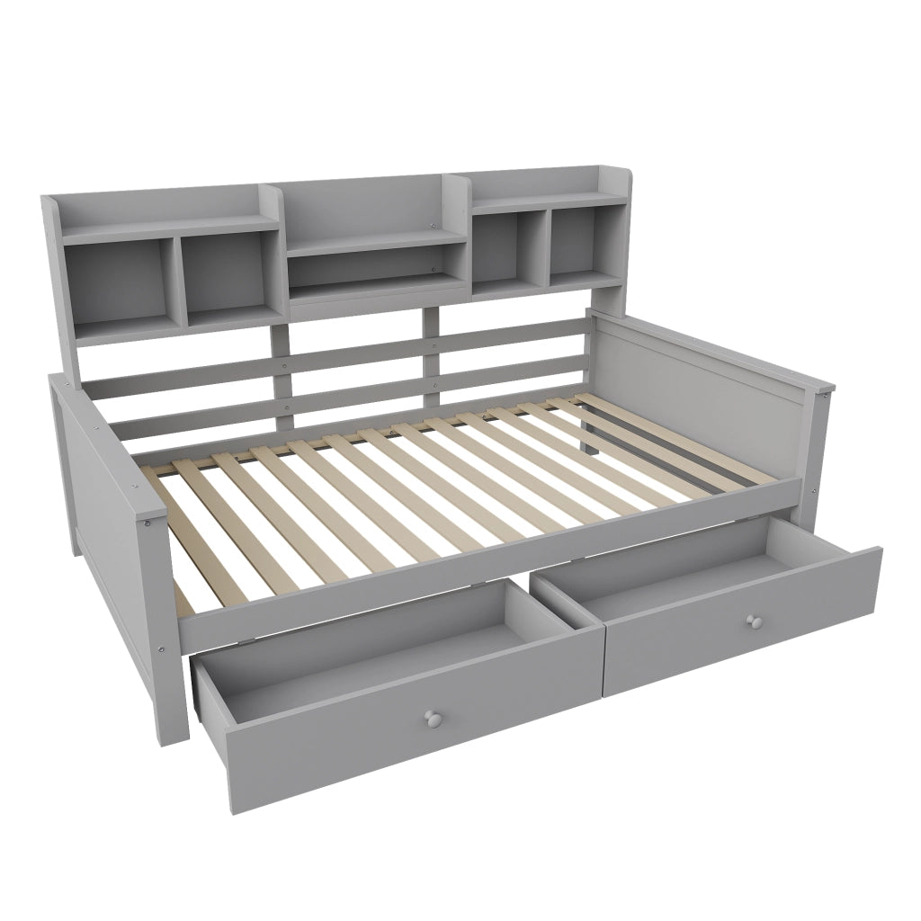 Divano letto singolo 90x200 cm con cassetti e ripiani laterali; in legno grigio