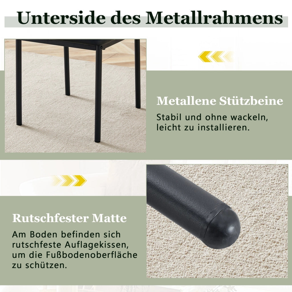 Sedia da pranzo in pu nero con schienale a righe verticali e gambe in metallo, set da 4