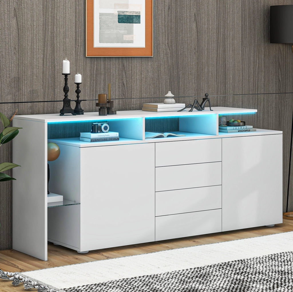 Credenza moderna con LED e USB, bianco lucido